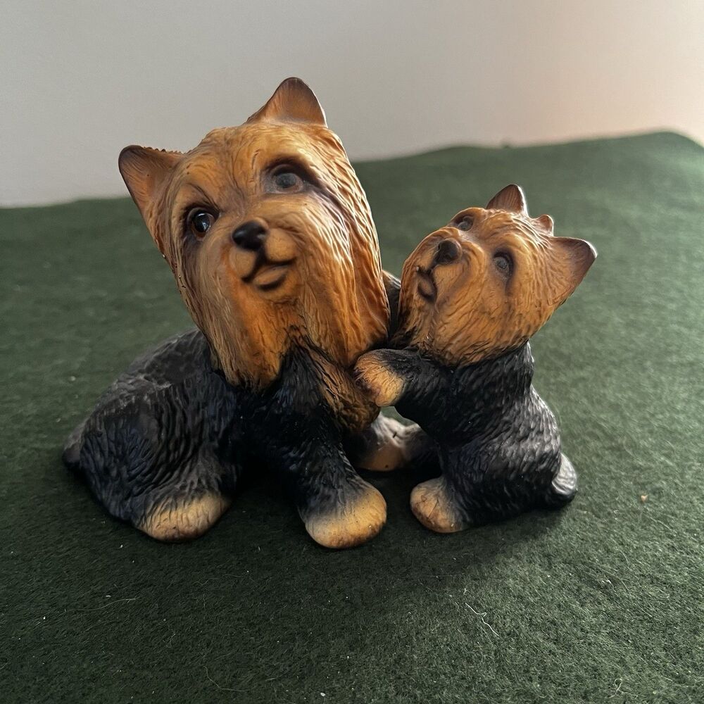 Vintage Yorkshire Terrier Dog With Playful Puppy Porcelain Figurine Japan